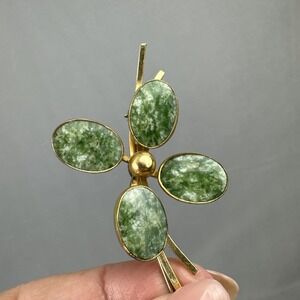 Vintage BAL RON ~ 12K Gold Filled ~ Nephrite Spinach Jade flower pin vintage